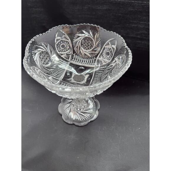 MCKEE Pressed Glass Sunburst Cut Round Pedestal Compote Pinwheel Star Cane - Picture 3 of 8